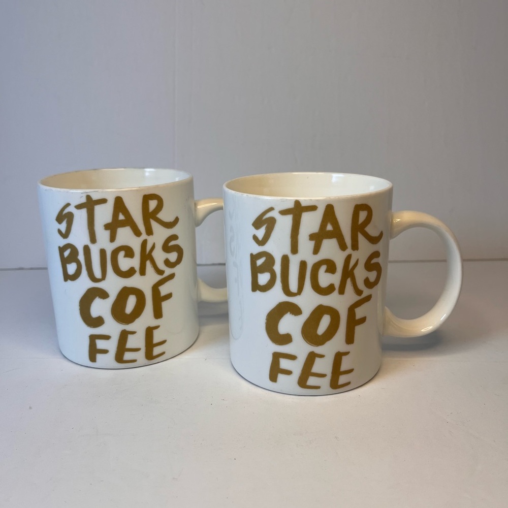 Starbucks Coffee Mugs 12oz 2015 White Gold Graffiti Lettering SET OF 2 Giftable